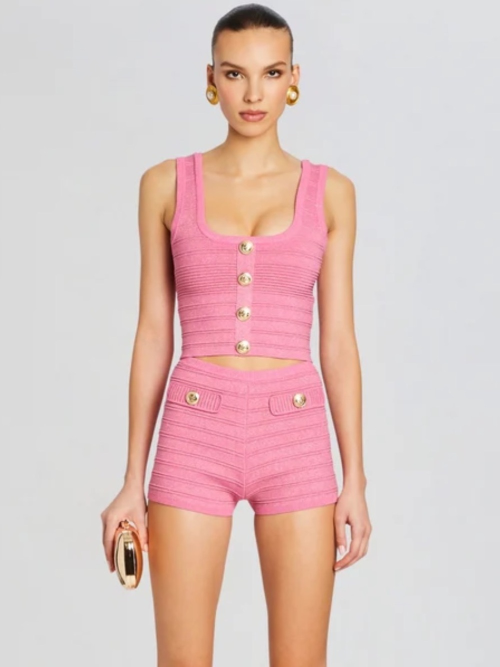 Retrofete Sandra metallic  Pink Ribbed Knit Tank & Shorts Set with gold buttons
